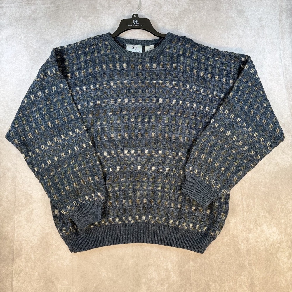 VNT 90s Farah Sweater Men XL Blue Textured Knit Geo Grandpa Pullover‎ Crewneck